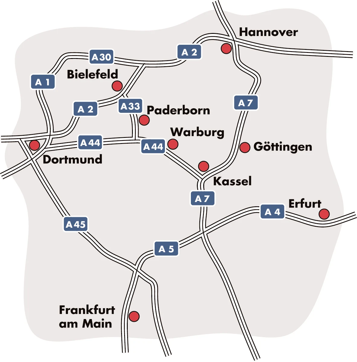 Übersichtskarte mit Warburg zwischen Dortmund, Bielefeld, Paderborn, Hannover, Göttingen, Kassel, Erfurt und Frankfurt am Main