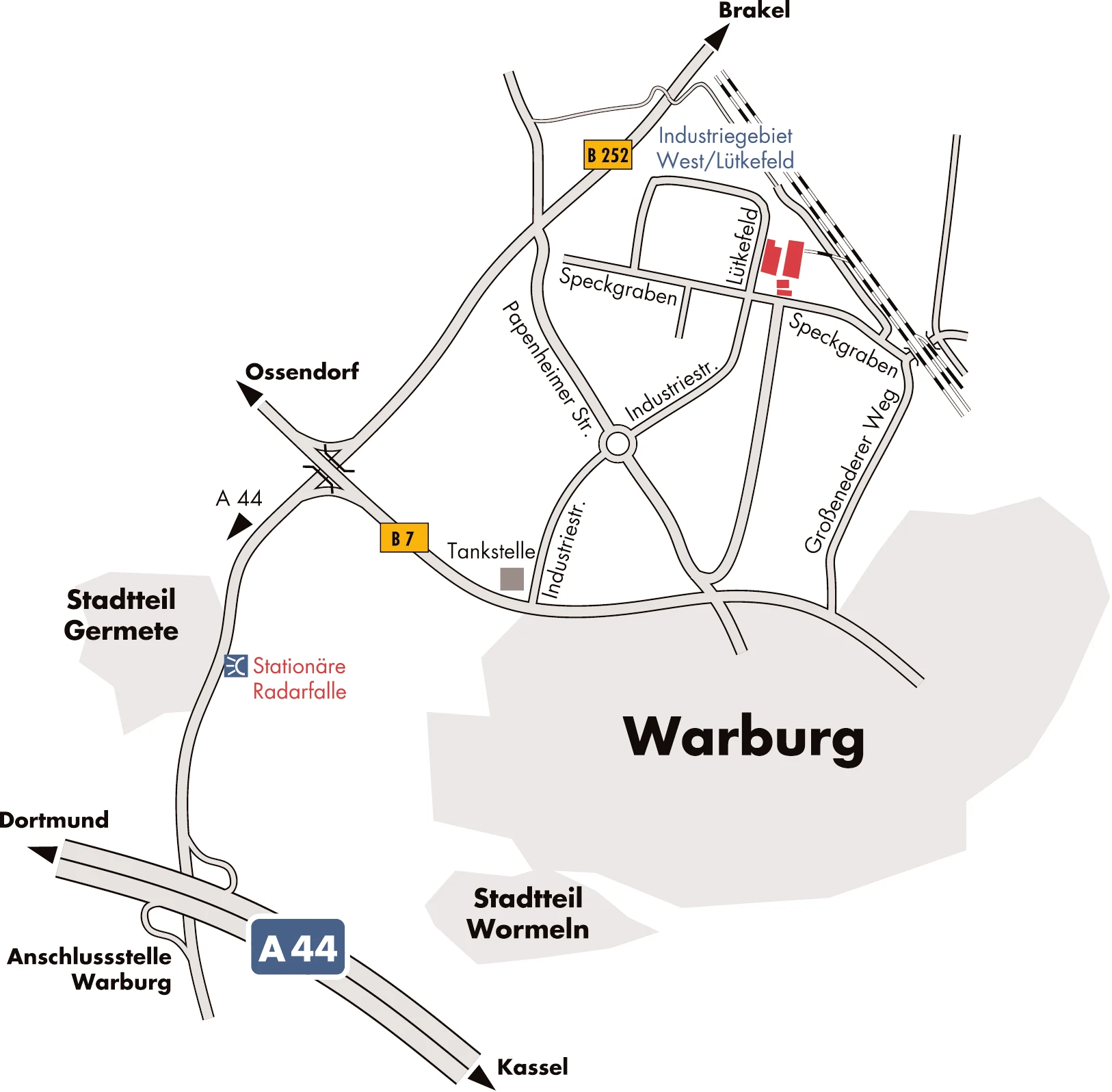 Lageplan von Warburg mit dem Industriegebiet West/Lütkefeld, der B 7 und der Anschlussstelle Warburg an der A 44