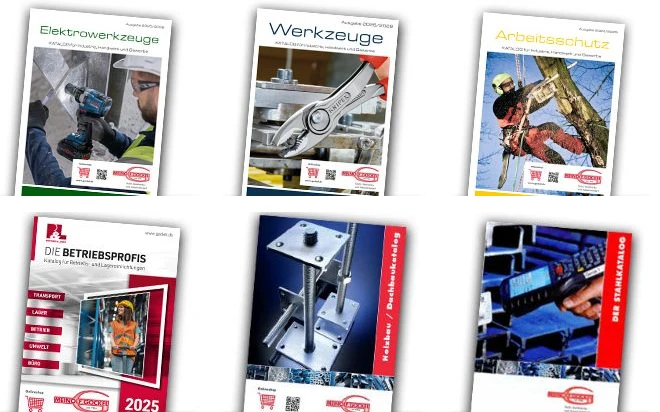 Die Titelseiten der sechs aktuellen Gockel-Kataloge: Elektrowerkzeuge, Werkzeuge, Arbeitsschutz, Die Betriebsprofis, Holzbau und Dachbau sowie der Stahlkatalog