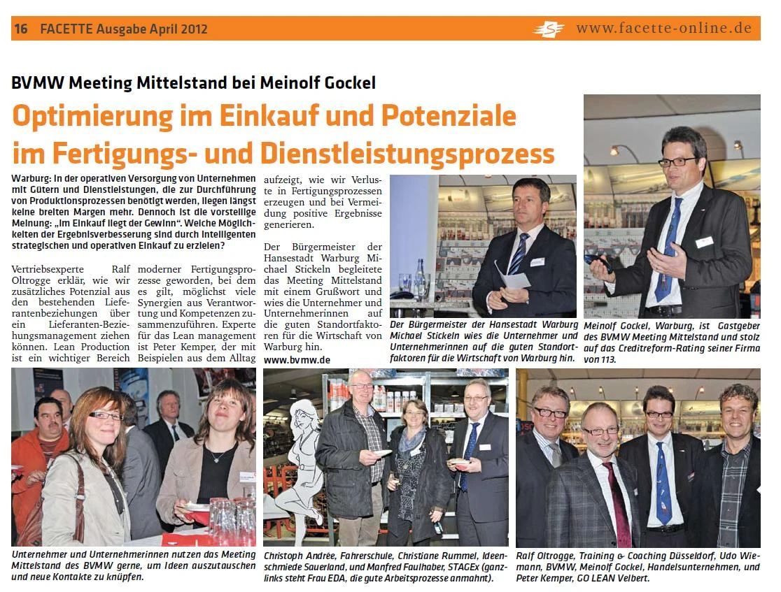 Zeitungsseite der Facette vom April 2012 mit dem Bericht BVMW Meeting Mittelstand bei Meinolf Gockel und mehreren Fotos der Gäste im Fachmarkt