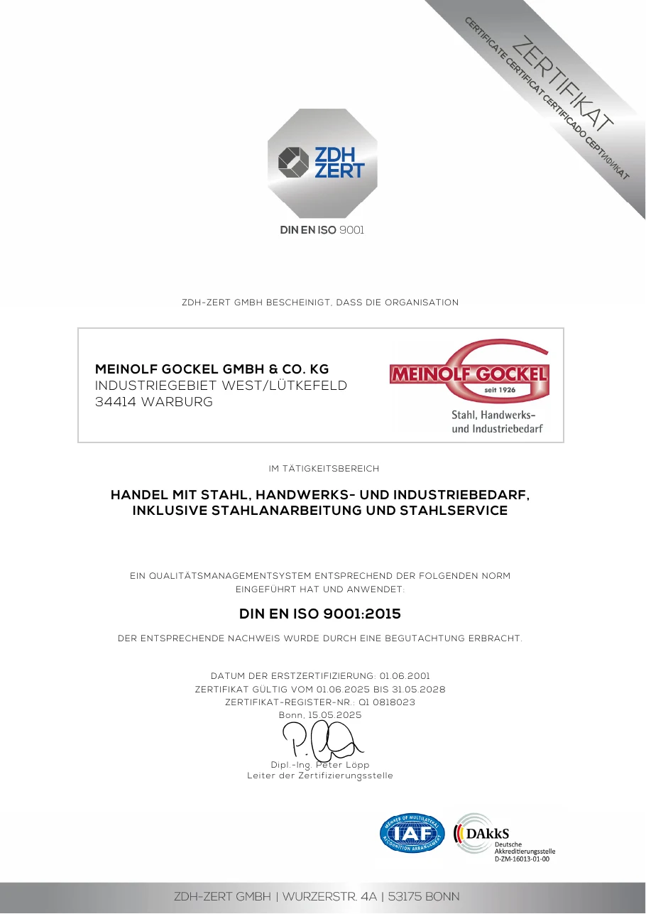 Zertifikat der ZDH-ZERT GmbH über ein Qualitätsmanagementsystem nach DIN EN ISO 9001:2015 für die Meinolf Gockel GmbH & Co. KG